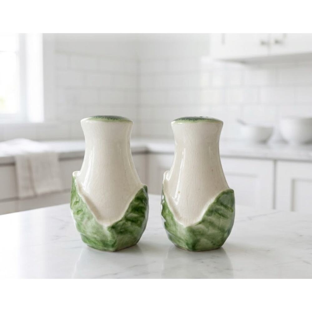 Vintage Cabbage Salt & Pepper Shakers, Ceramic Green Vegetable Decor, 5” Tall
